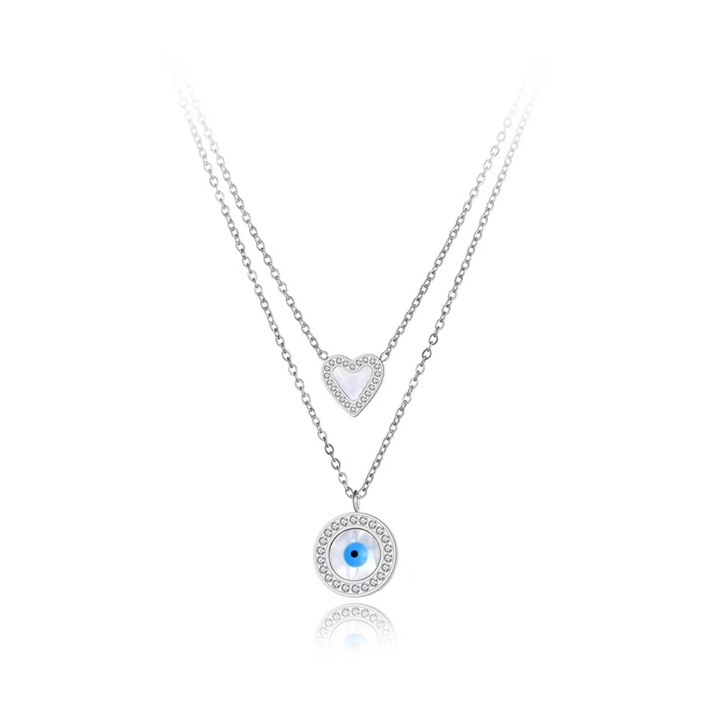 Titanium Stainless Steel Double Layer Heart and Turkey Eye Charm Choker Necklace for Women silver close