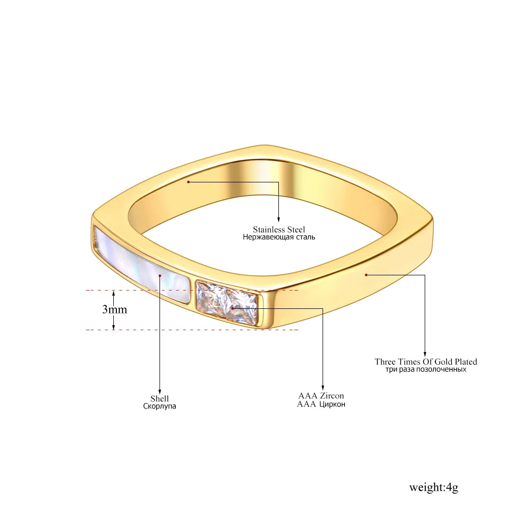 Titanium Stainless Steel Geometric Square Cubic Zirconia Ring with 18K Gold Plating and Bohemian Shell Design for Women - R21028