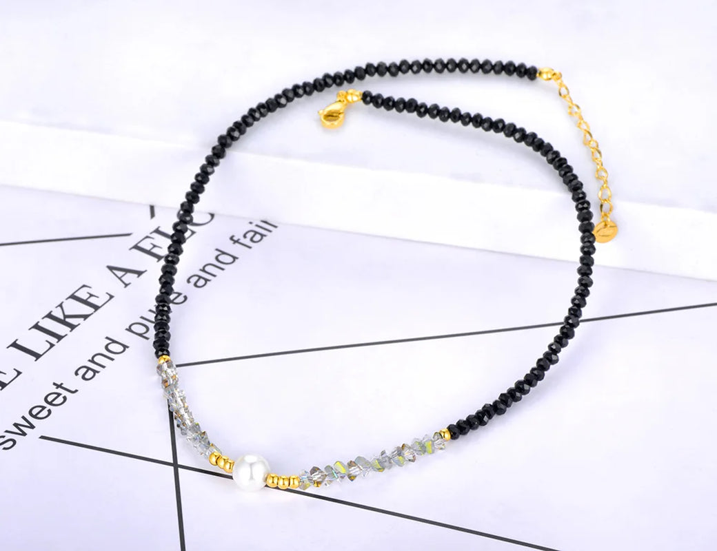 Titanium Stainless Steel White Pearl Choker Necklace with 4mm Crystal Strand for Women and Girls