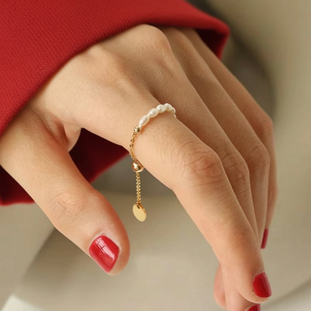 French Retro Pearl Chain Ring, Adjustable design in Gold color