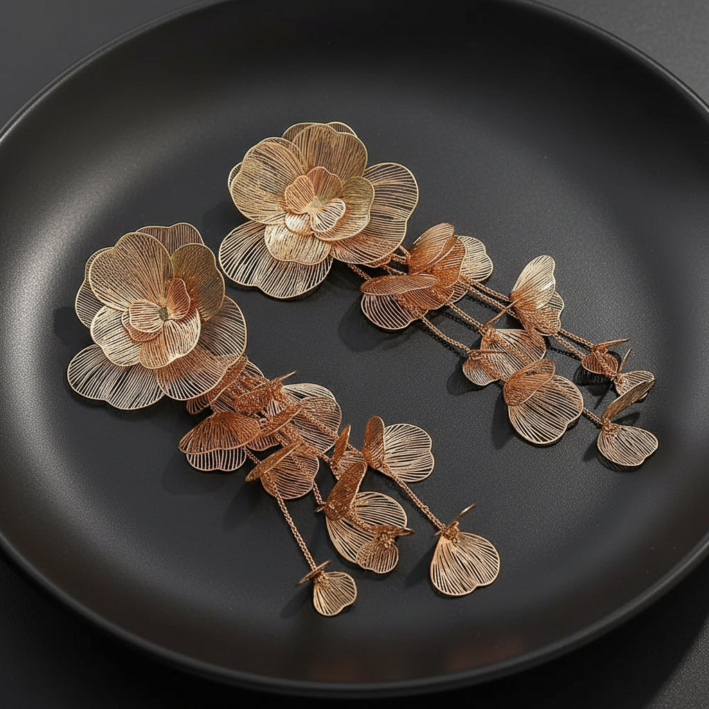 Luxury Elegant Exaggerated Floral Gold Dangle Earrings