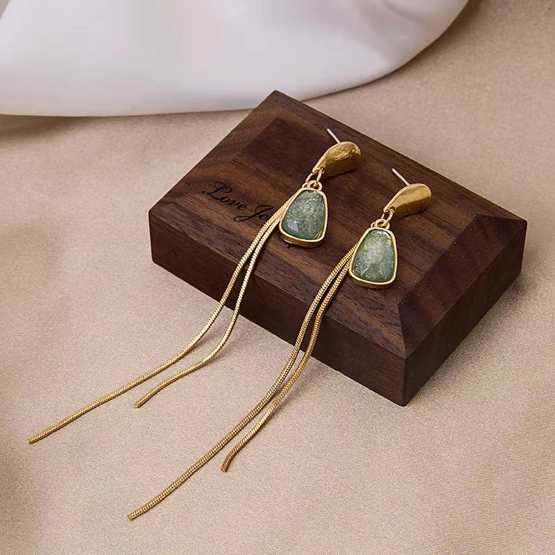 Geometric Gold Drop Earrings – Vintage Green Crystal Dangle