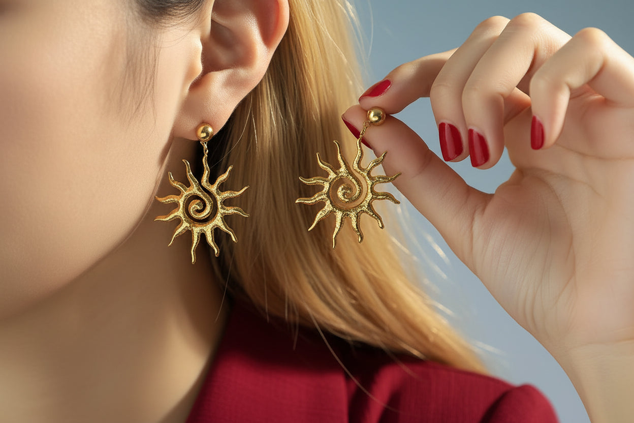 Golden Hollow Sun Dangle Earrings for Women – 14K Gold Shine
