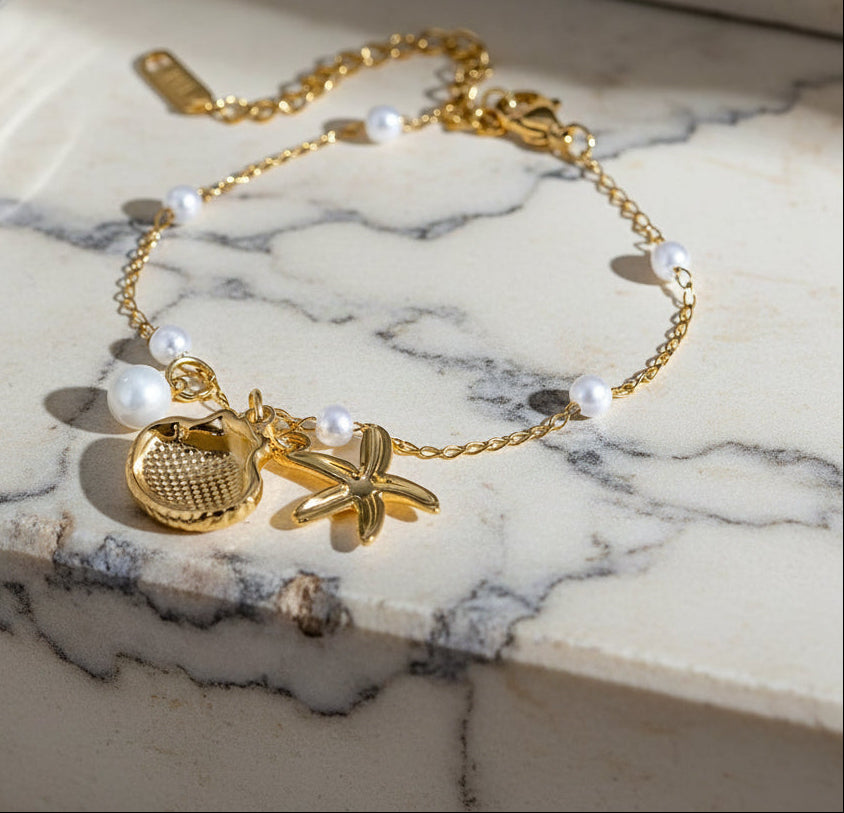 Opulent Ocean Pearl & Starfish Bracelet -18k Gold Plated