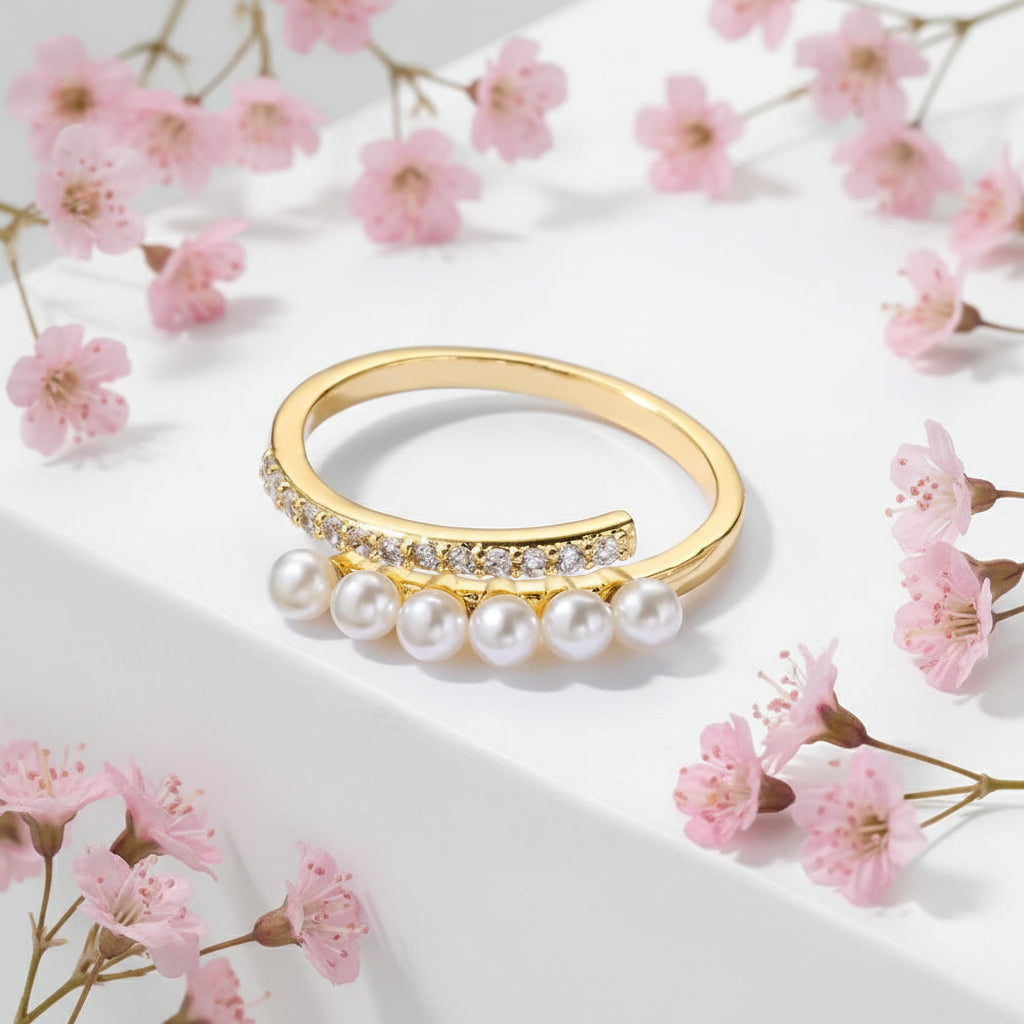 Gold Pearl Ring – Shiny Zircon Pearl Open Ring