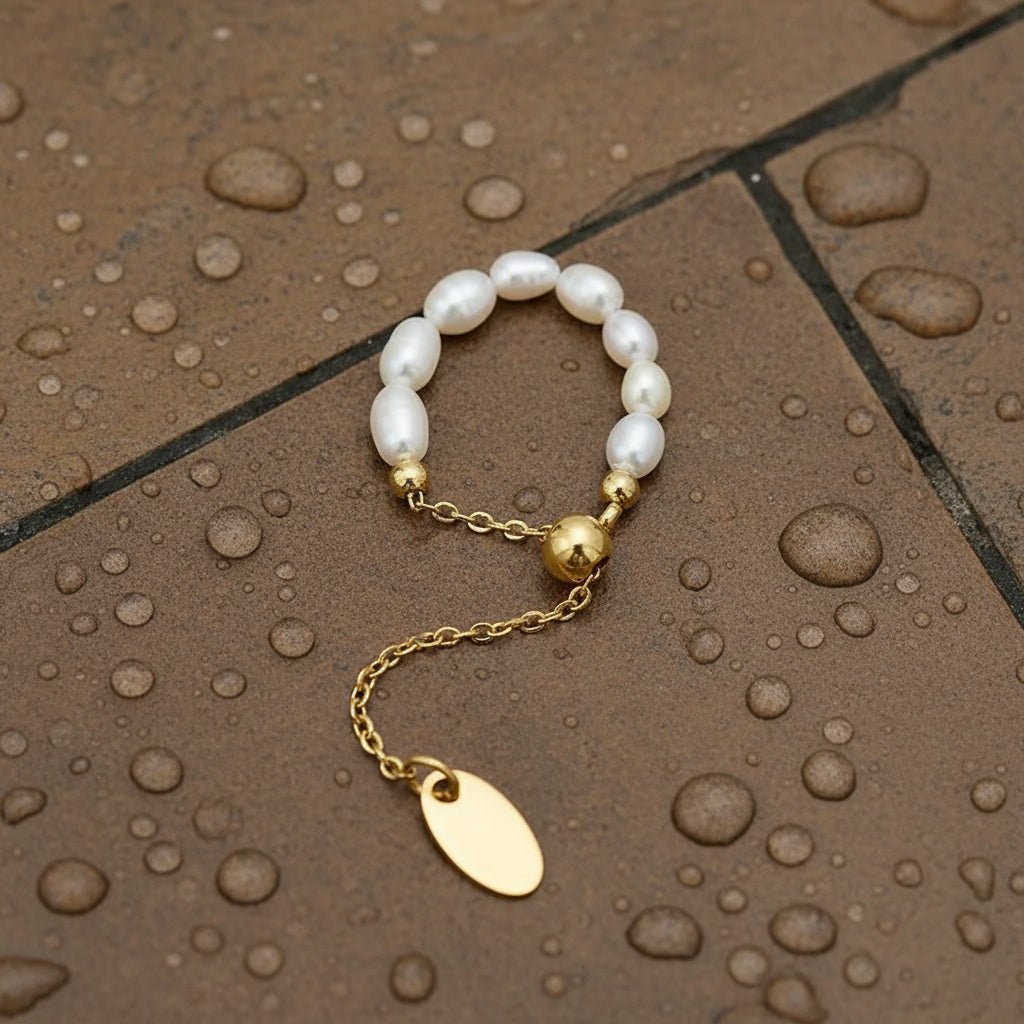 French Retro Pearl Chain Ring, Adjustable design in Gold color