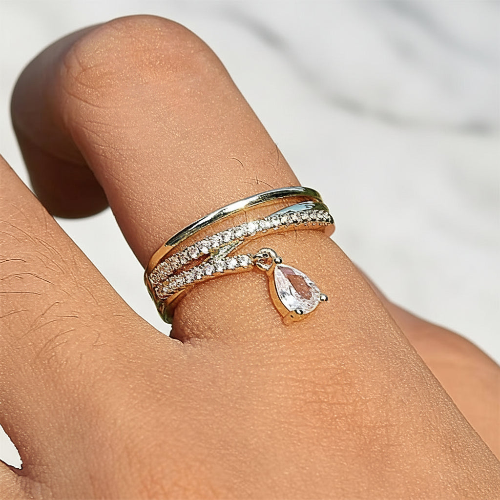 Sparkling Zircon Water Drop Ring - Elegant And Adjustable