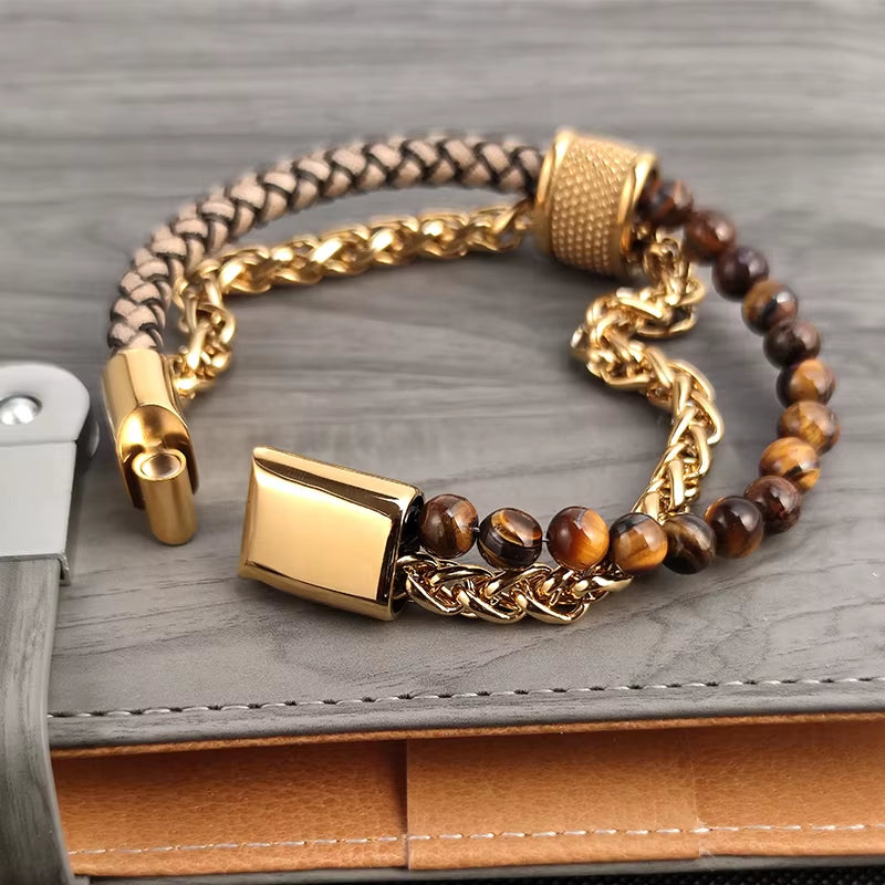 Gold Tone Steel & Leather Bracelets – Chain Link Style for Men