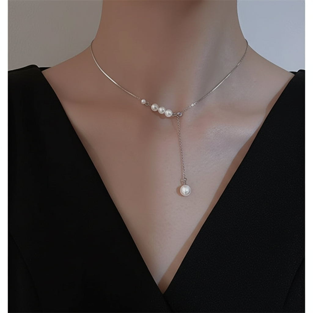 Sterling Grace – Long Chain Pearl Pendant Necklace
