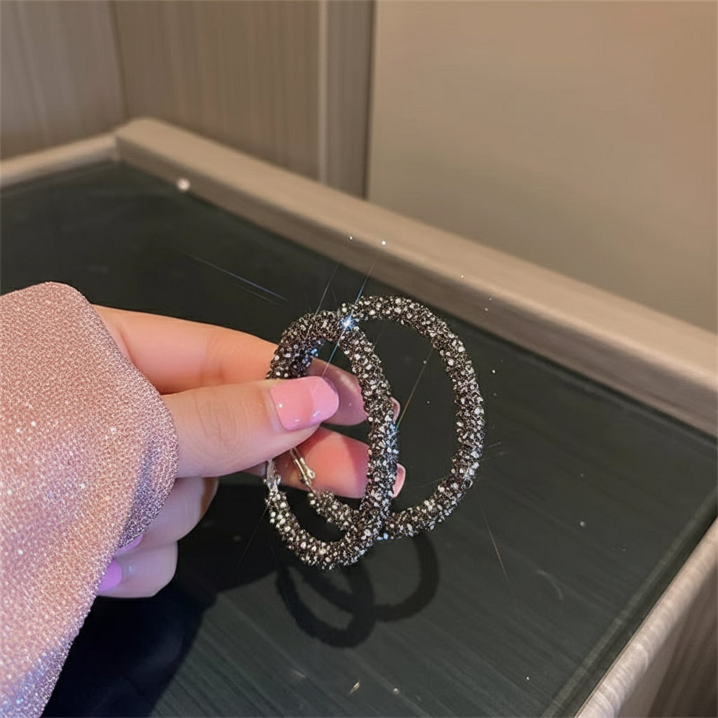 Noir Orbit in Midnight Glow– Geometric Black Hoop Earrings