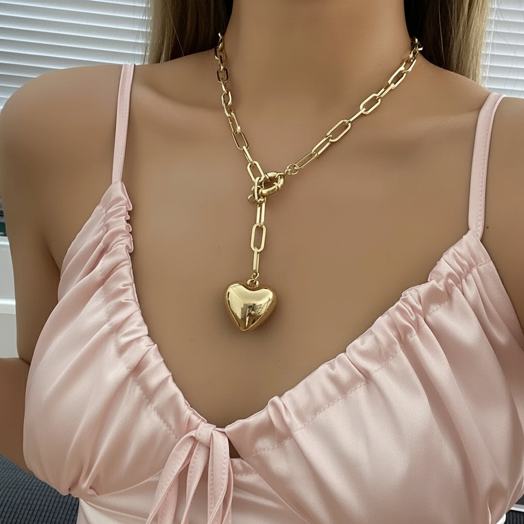 Bold Love in Golden Embrace – Statement Heart Necklace