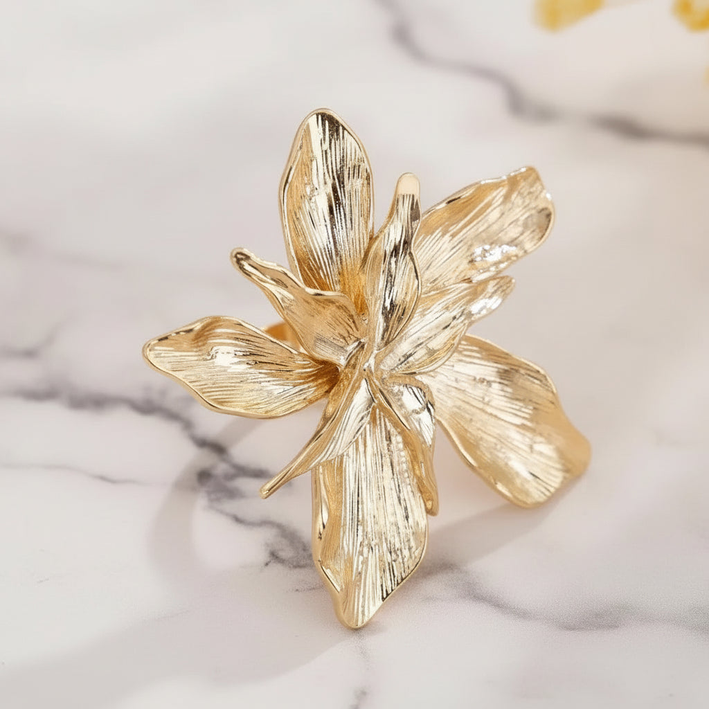 Exaggerated Large Geometric Ring - Adjustable Flower Ring