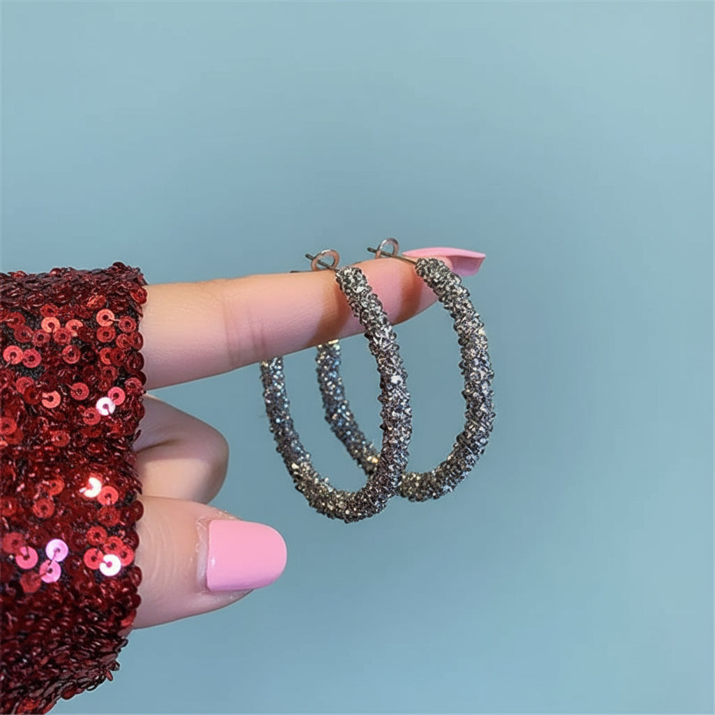 Noir Orbit in Midnight Glow– Geometric Black Hoop Earrings