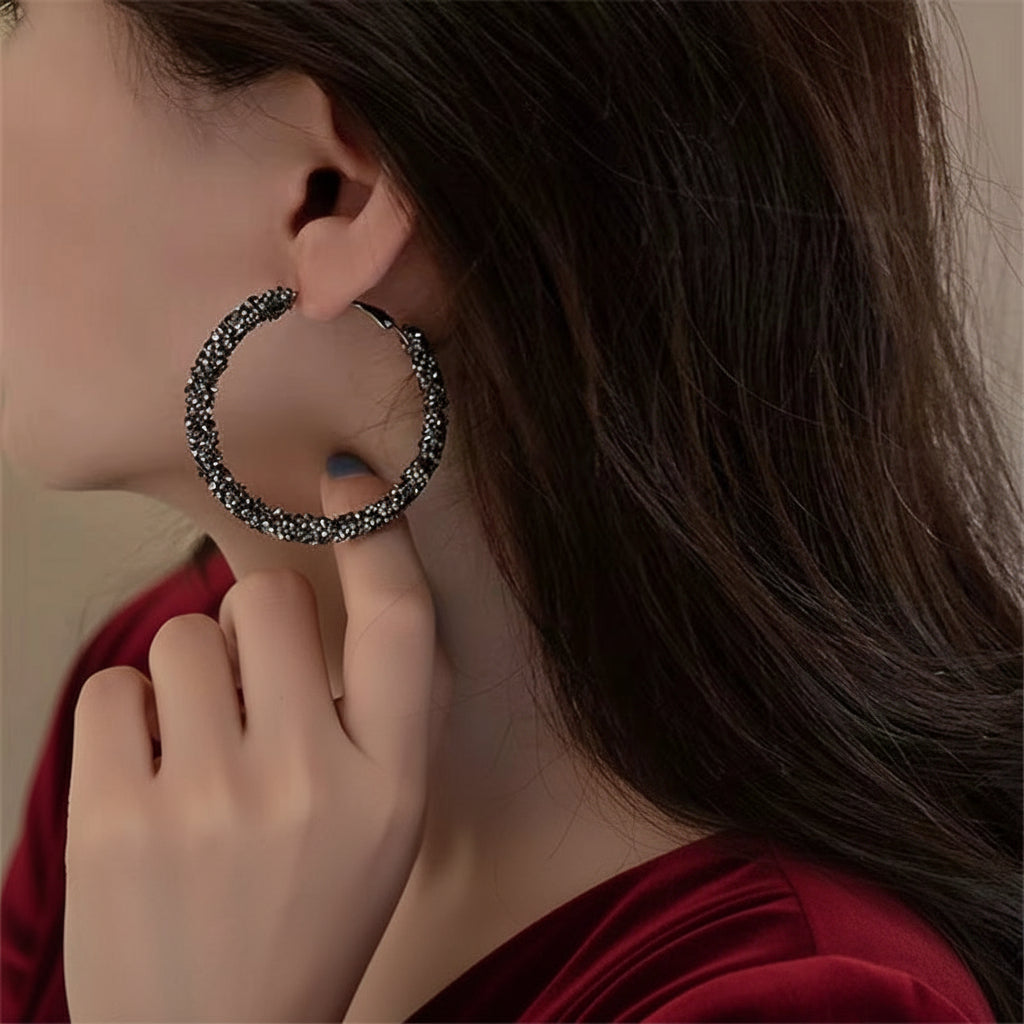 Noir Orbit in Midnight Glow– Geometric Black Hoop Earrings