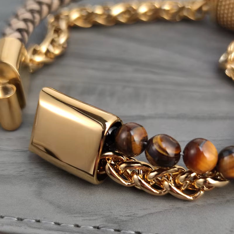 Gold Tone Steel & Leather Bracelets – Chain Link Style for Men