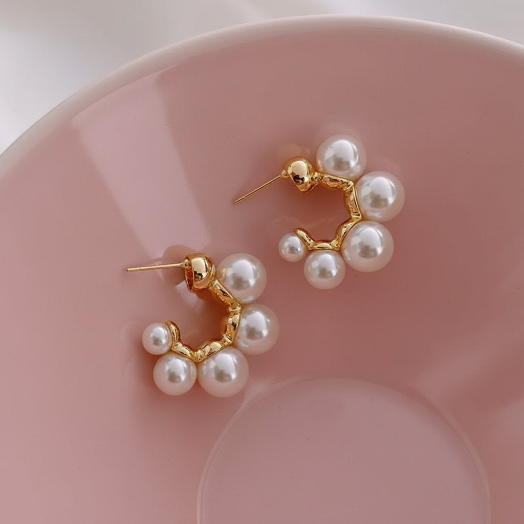 Pearl Bloom – White Shell Flower Hoop Earrings