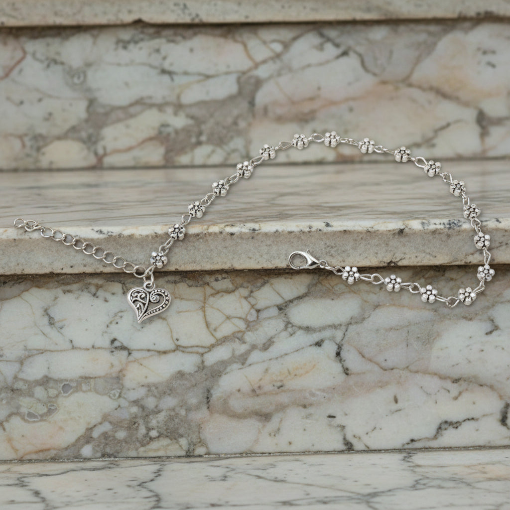 Whispers of Bloom: Plum Blossom Anklet in Tibetan Silver: Luxe Anklet for Serene Souls silver heart open