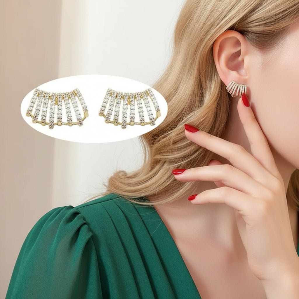 Gold Crystal Inlaid Metal Stud Chick Earrings 