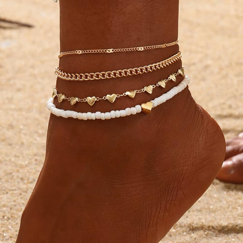 Love Heart Anklet Set – Stylish Gold Chain Foot Bracelet