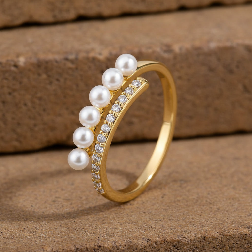 Gold Pearl Ring – Shiny Zircon Pearl Open Ring