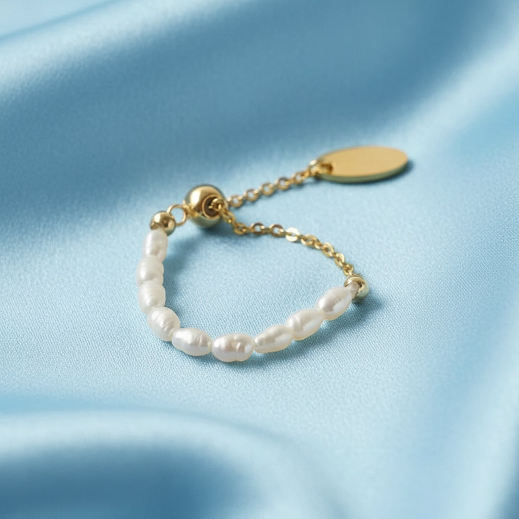French Retro Pearl Chain Ring, Adjustable design in Gold color