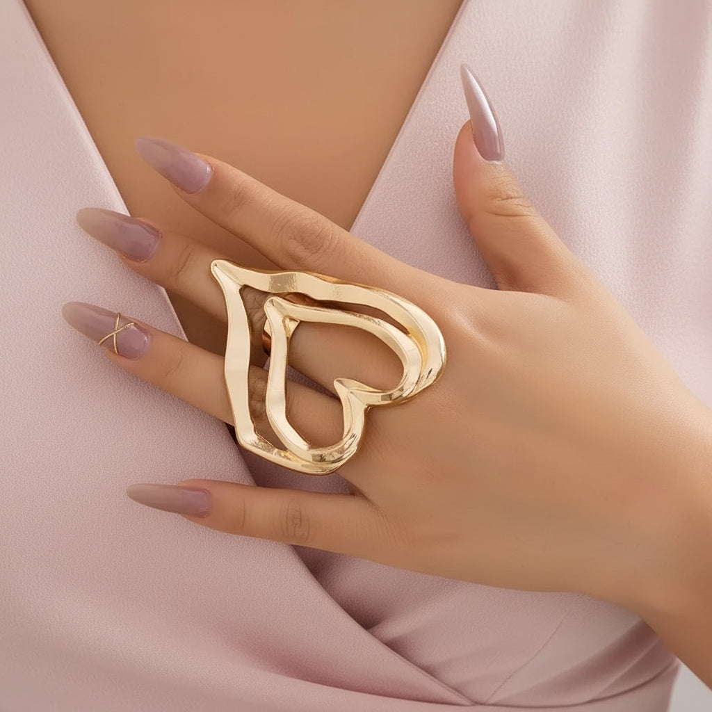 Hollow Double Hearts Adjustable Bold Statement Ring