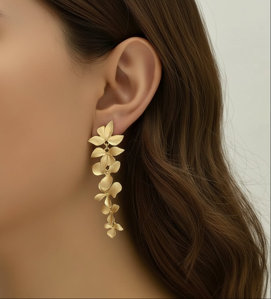 Radiant Leaf & Bloom Gold Drop Earrings - Luxury Danglers