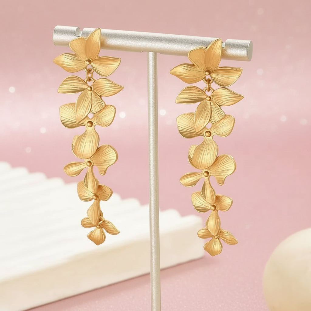 Radiant Leaf & Bloom Gold Drop Earrings - Luxury Danglers