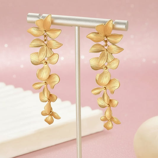 Radiant Leaf & Bloom Gold Drop Earrings - Luxury Danglers