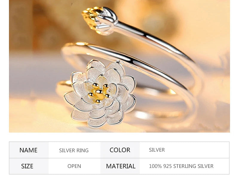 Sterling Lotus Charm Ring – Elegant Adjustable band
