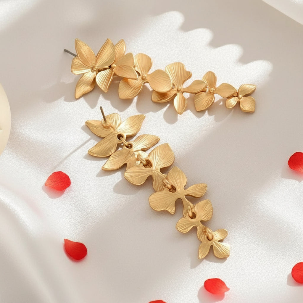 Radiant Leaf & Bloom Gold Drop Earrings - Luxury Danglers
