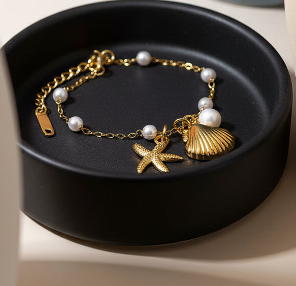 Opulent Ocean Pearl & Starfish Bracelet -18k Gold Plated