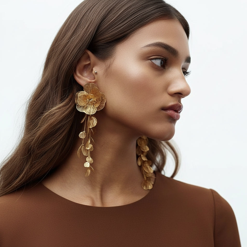 Luxury Elegant Exaggerated Floral Gold Dangle Earrings