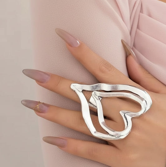 Hollow Double Hearts Adjustable Bold Statement Ring