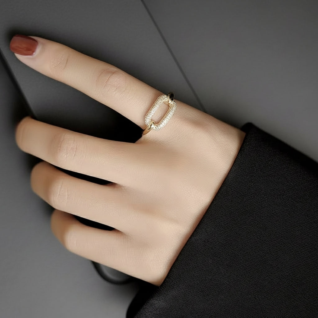 Luxury Spark in Bold Geometry – Gold Open Ring with CZ Stone
