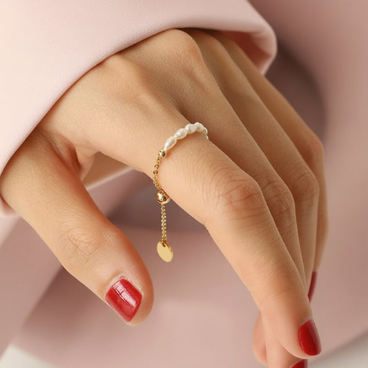 French Retro Pearl Chain Ring, Adjustable design in Gold color