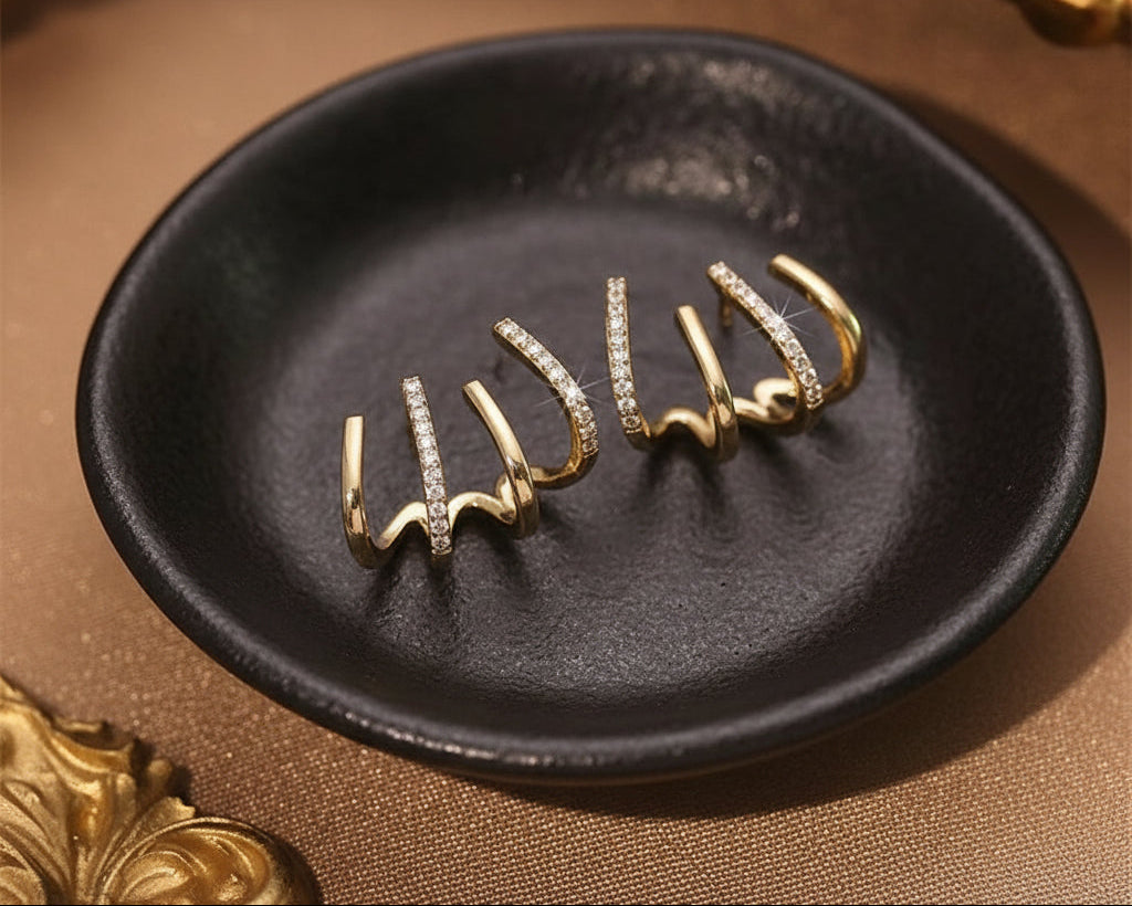 Gold Crystal Inlaid Metal Stud Chick Earrings 