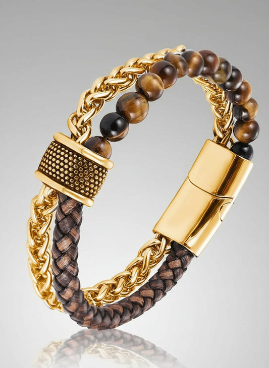 Gold Tone Steel & Leather Bracelets – Chain Link Style for Men