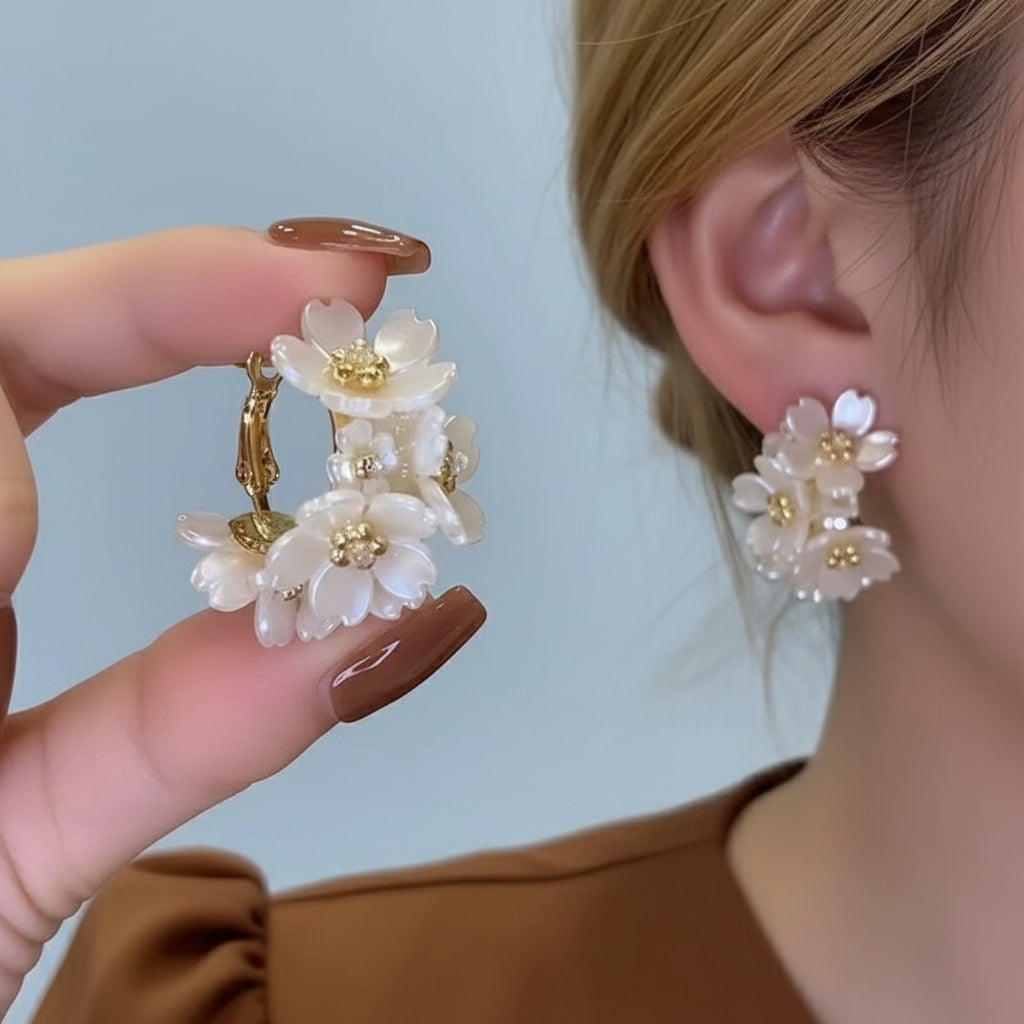 Pearl Bloom – White Shell Flower Hoop Earrings