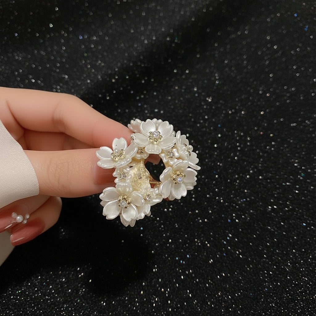 Pearl Bloom – White Shell Flower Hoop Earrings