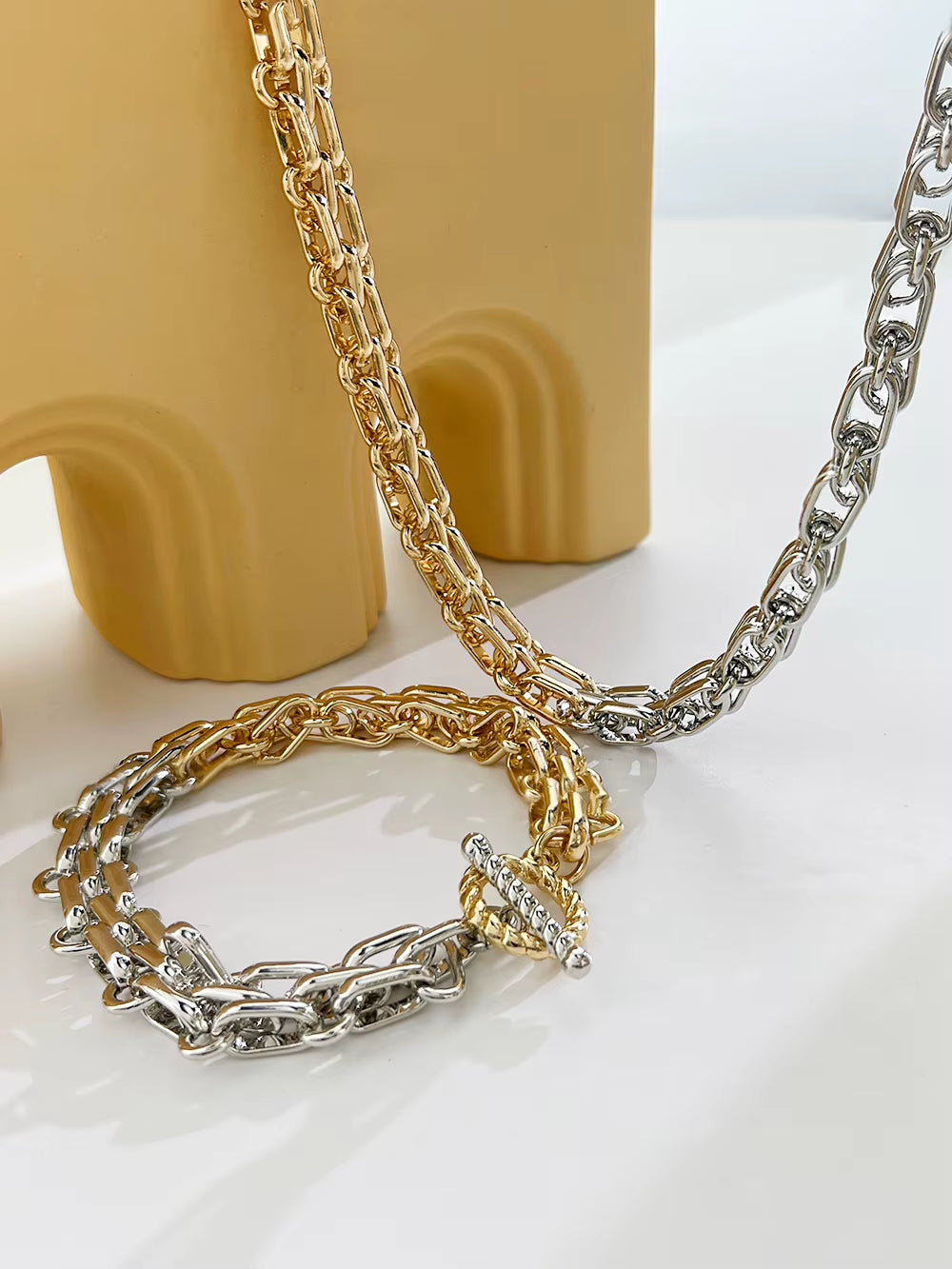 Statement Double Tone Bracelet – Wide Chain Jewelry