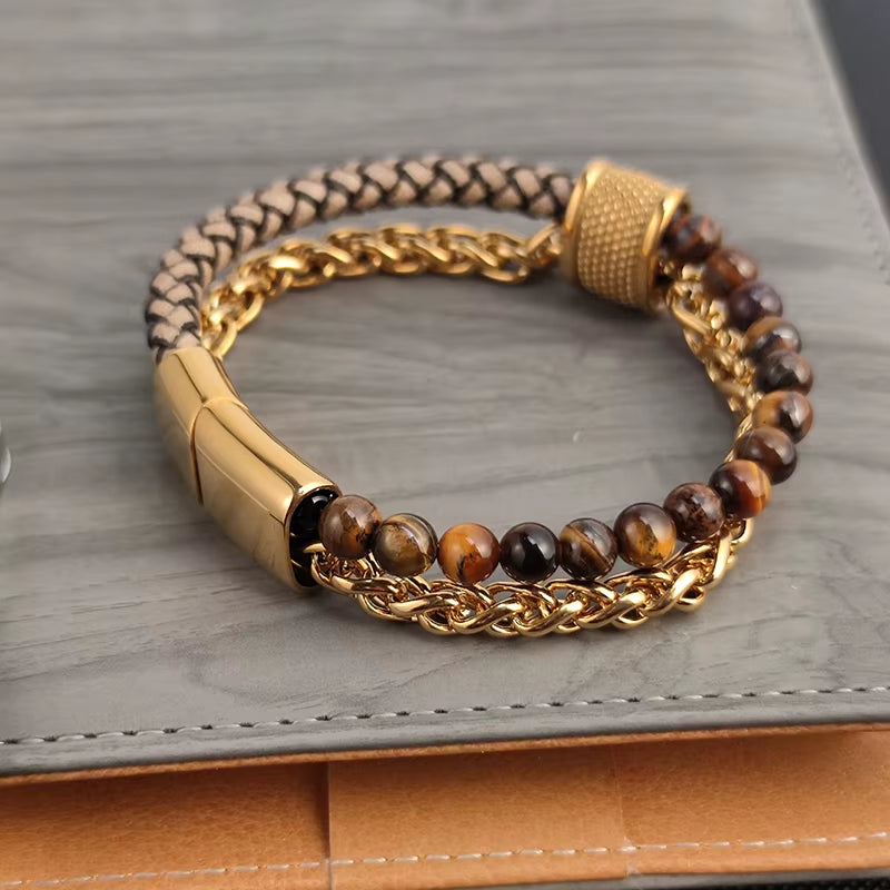Gold Tone Steel & Leather Bracelets – Chain Link Style for Men