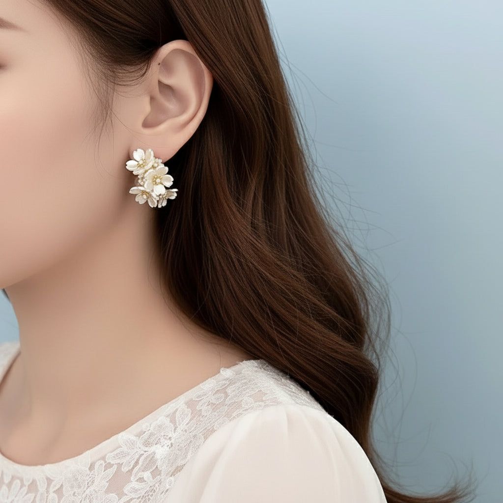 Pearl Bloom – White Shell Flower Hoop Earrings