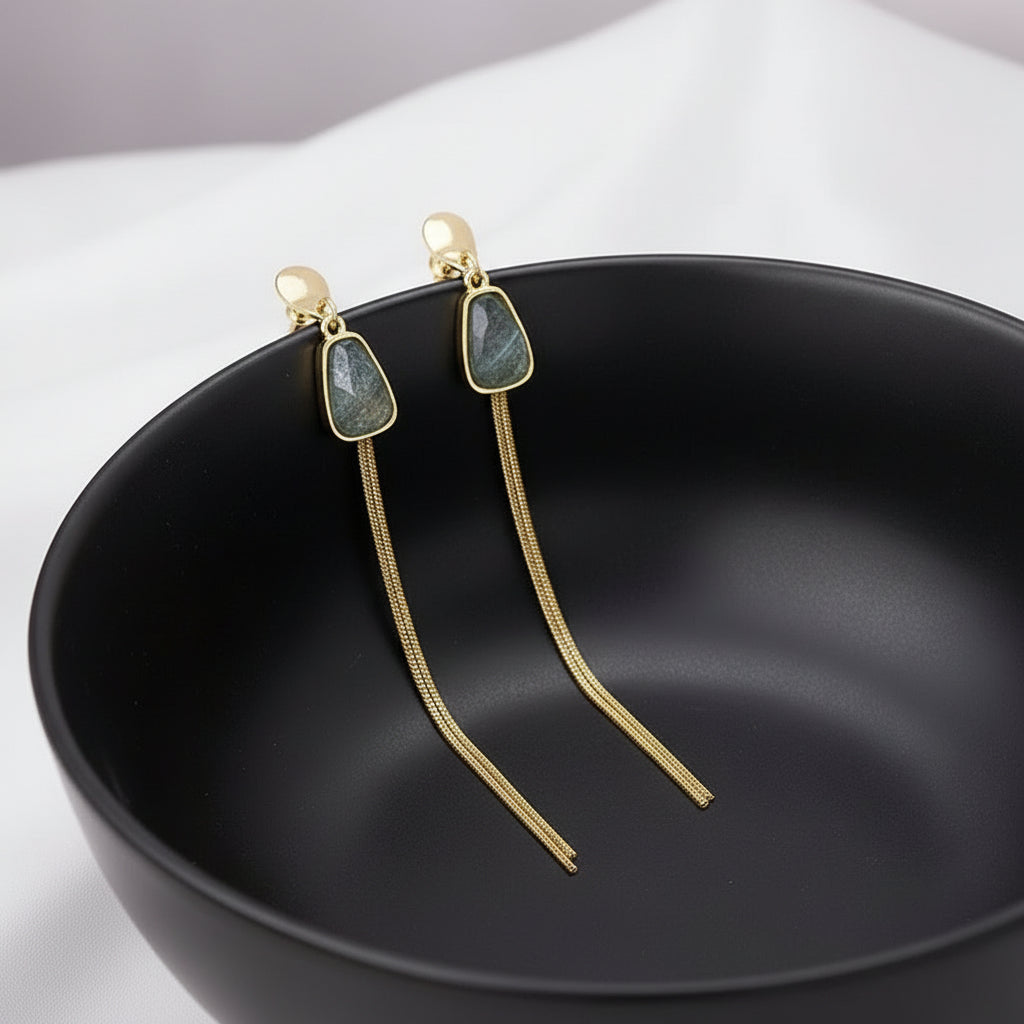 Geometric Gold Drop Earrings – Vintage Green Crystal Dangle