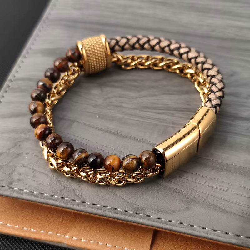 Gold Tone Steel & Leather Bracelets – Chain Link Style for Men