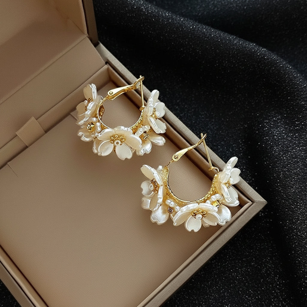 Pearl Bloom – White Shell Flower Hoop Earrings