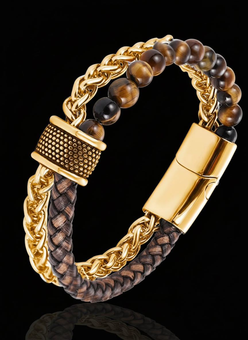 Gold Tone Steel & Leather Bracelets – Chain Link Style for Men