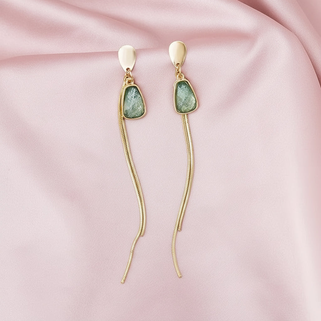 Geometric Gold Drop Earrings – Vintage Green Crystal Dangle