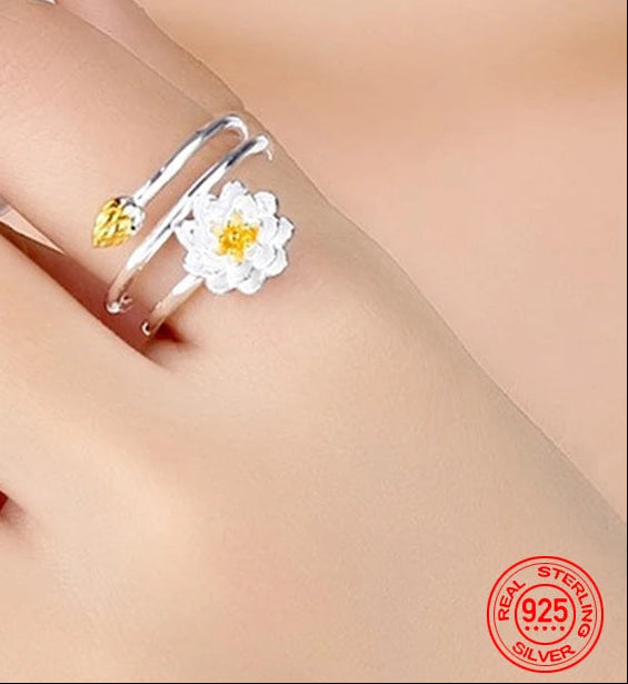 Sterling Lotus Charm Ring – Elegant Adjustable band
