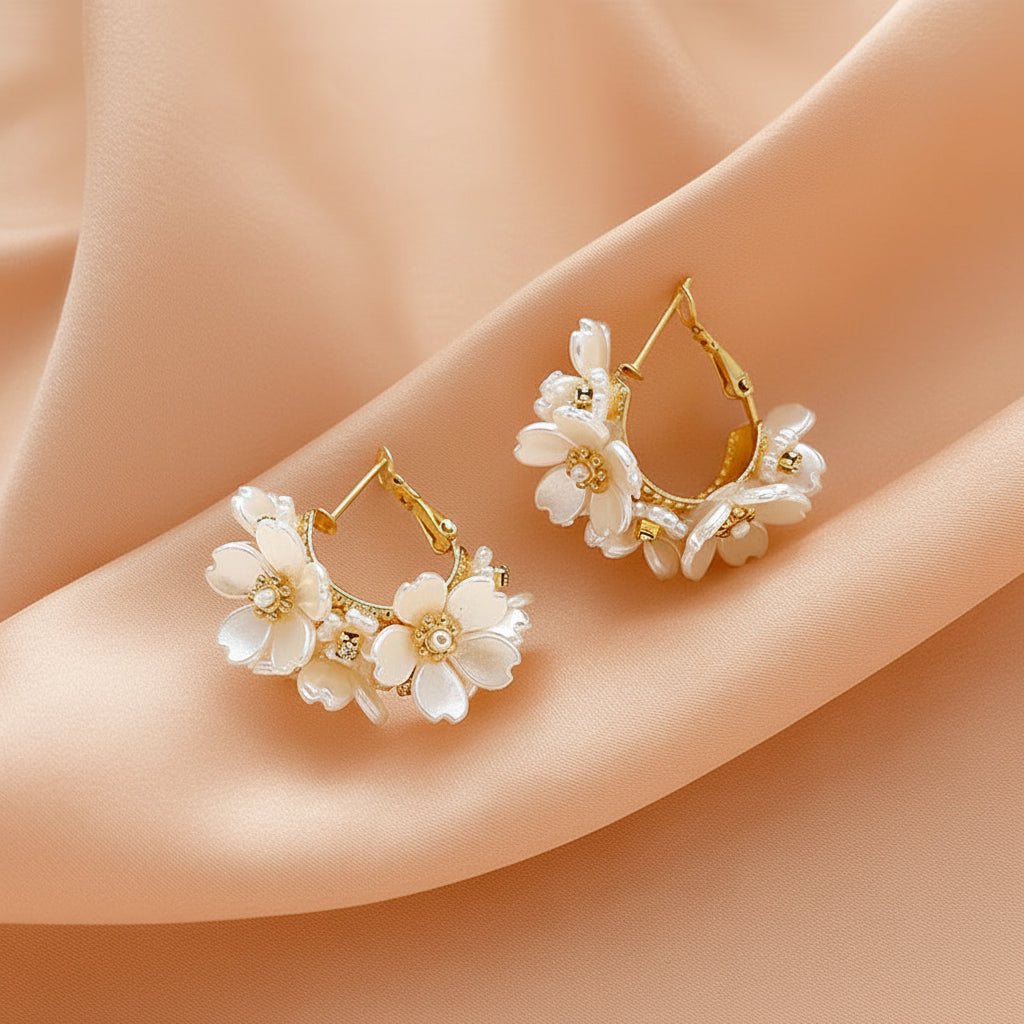 Pearl Bloom – White Shell Flower Hoop Earrings